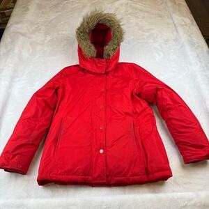 GAP Women Red Hooded Faux Fur Trimmed Winter Down Parka Jacket Size L